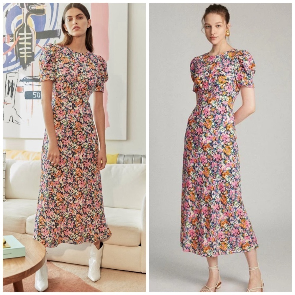 Saloni Bianca Printed Silk Puff Sleeve Midi Dress Pink Rosette Size 12 Cocktail